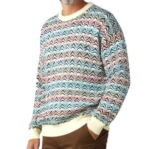 Vintage 3D Knit Sweater Men L Multicolor Geo Chevron Crew Neck Made/USA